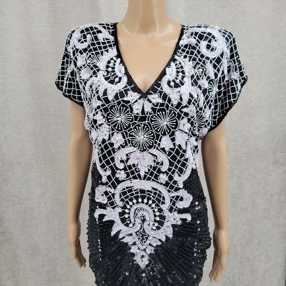 Stenay 80s Vintage Silk Sequin Beaded Cocktail Evening Dress Women's Size 12 - Picture 2 of 16